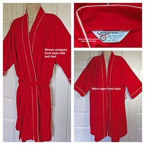 Munsingwear men's-style inspired wrap front unisex robe, Red w/ White trim, 2